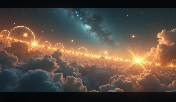 A grand celestial timeline stretches infinitely across a vast, ethereal space, with glowing orbs representing different life events hovering along the path. Each orb illuminates a unique scene—moments of joy, challenges, opportunities, and pivotal decision...