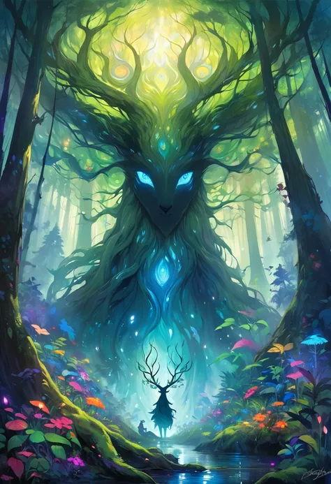 Giants that exist in the forest, Giants have elements of spirits, animals, and plants that exist in forests, An impressionist painting of Deidarabotchi the enormous forest spirit amidst a mystical foggy forest during a moonlit night, The scene is depicted ...