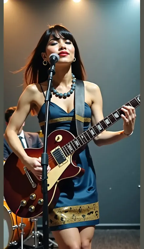 img_200 wide camera.  beautiful white Indonesian female guitarist, brunette bangs , female guitarist nails textured blue ,  wears short kebaya dark blue slim fit glowing ,  short skirt black batik motif fabric glossy transparent gold , toe wearing flip flo...