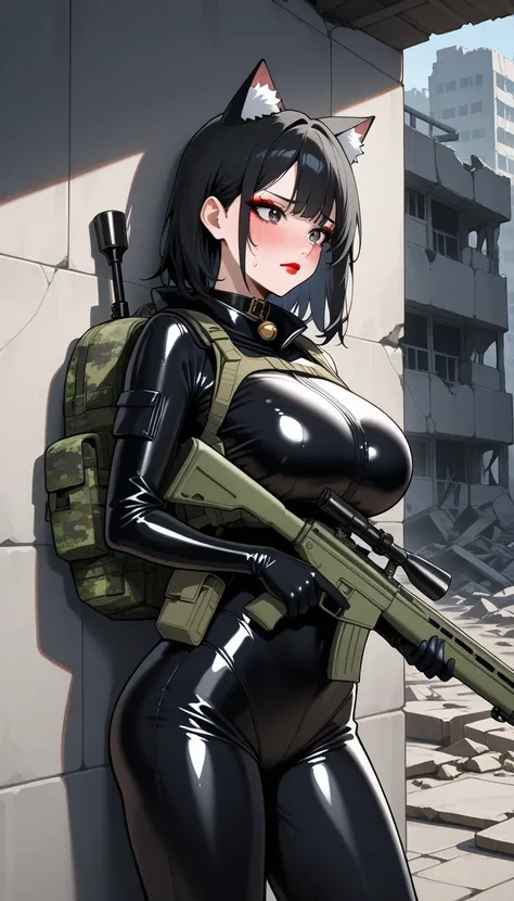 一个cute的女孩，cute，Baby Face Big Breasts， well-shaped ， wearing a black tight latex combat suit，Wearing a bulletproof vest ，Bulletproof plug-in board ， carrying a camouflage backpack ， holding a gray-green rifle in his hand ，Short， long black hair， red lips，Pa...