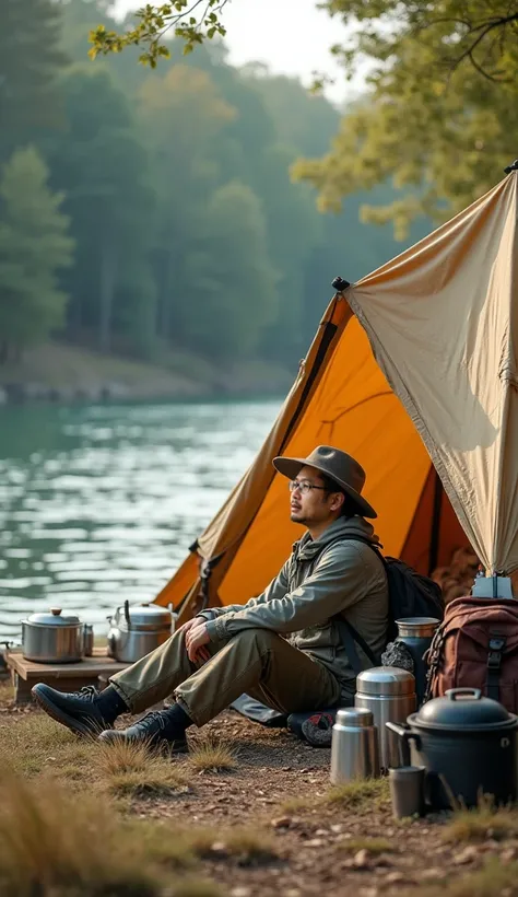 An Asian man wearing glasses, a camping hat, and a camping outfit is sitting by the river. Beside him is a beige-colored scout tent and a lot of camping equipment.