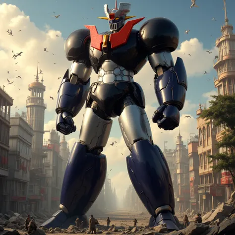 Mazinger Z with huge black and silver limbs  ,   a very realistic version of Mazinger Z and is 100 meters tall,Shoot at the scattered light of a destroyed city 、 the sun shines　 Mount Fuji　