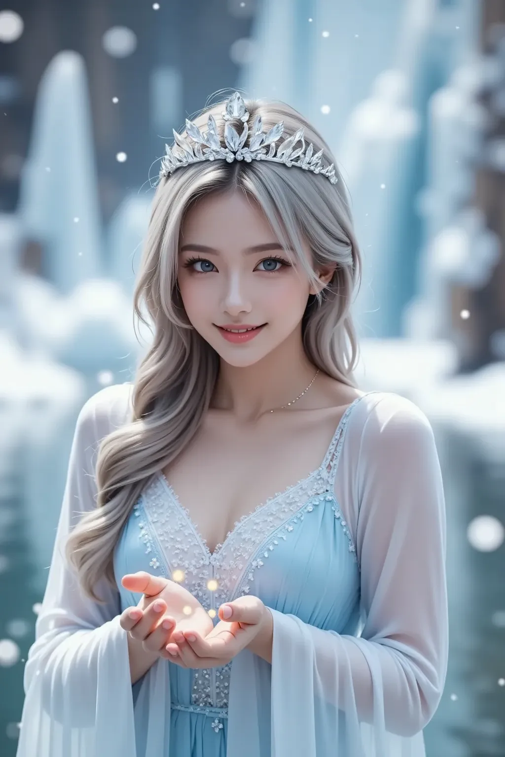 (  masterpiece:1.2,   top quality),  realistic image ,  Extremely Real , Genuine,   beautiful pictures  , 8k,  beautiful princess made of ice ,   snowflakes shining in both hands,  long silver hair , beautiful ice tiara, The beautiful world of ice plains ,...