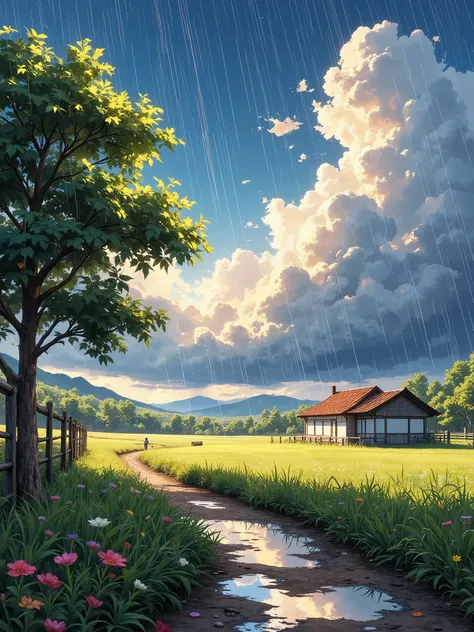 masterpiece, ultra-detailed, cinematic anime-style, ultra-HD 4K, hyper-realistic textures, Makoto Shinkai-inspired, vibrant colors.  
A **breathtaking countryside scene during a gentle summer rain**, with **thin, straight streaks of rain falling from the d...