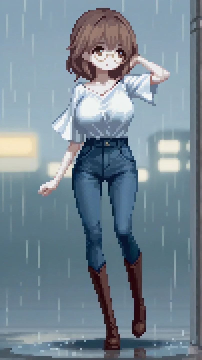 A 15-year-old girl with long pale brown hair, large and round lenses,  with long white shirt with medium sleeves, with tight denim pants,  with large brown boots, with large wristbands, with giant breasts, in a city with rain  