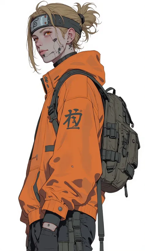  anime character with an orange hoodie and backpack in front of a white background,  Genzoman ,  Joker as Naruto ,  anime cover , naruto  Uzumaki,  Uzumaki,  kashart kentz ,  animated art with beautiful details ,  Naruto art style ,  pretty detailed anime ...