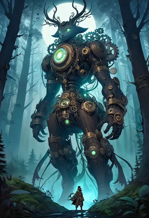 A steampunk-inspired illustration of Deidarabotchi the gigantic forest spirit standing protectively in a foggy forest under a moonlit sky, The spirit's design incorporates mechanical elements and intricate gears blending with its bark-covered skin and glow...