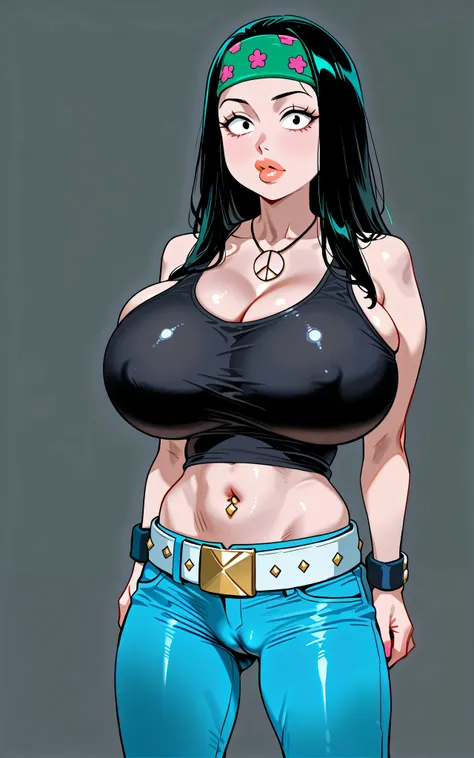 hayley, black hair, 1girl, solo, jewelry, necklace, long hair, tank top, midriff, headband,  pants, belt, navel piercing, score_9, score_8_up, score_7_up, score_6_up, score_5_up, score_4_up, looking at viewer, cowboy shot,simple background, gigantic boobs,...