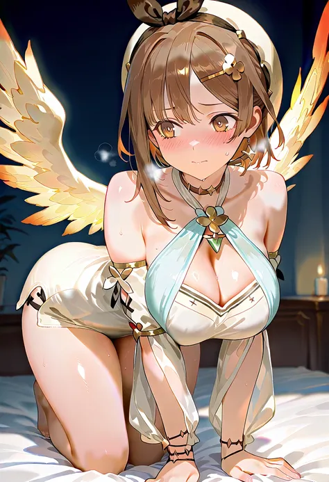 nsfw,  1girl  , alone, best quality, highres icon,highly detailed, No lights , No light source,  dark room, 

Ryza, reisalin stout, short hair, brown hair, hair ornament, brown eyes, hairclip, travel line_a, large breasts, 

 shiny skin around,  cleavage, ...