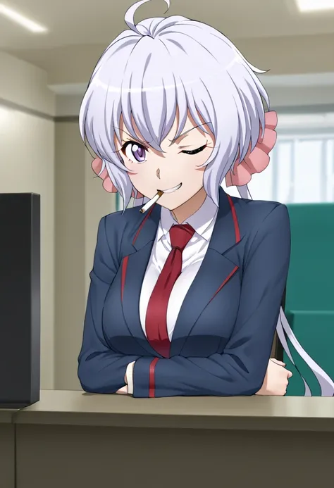  Silver Hair, twin tails, Yukine Chris,Office smoking room、  Smoking Scenery  、 relaxed face、Cute girl in sexy office suit