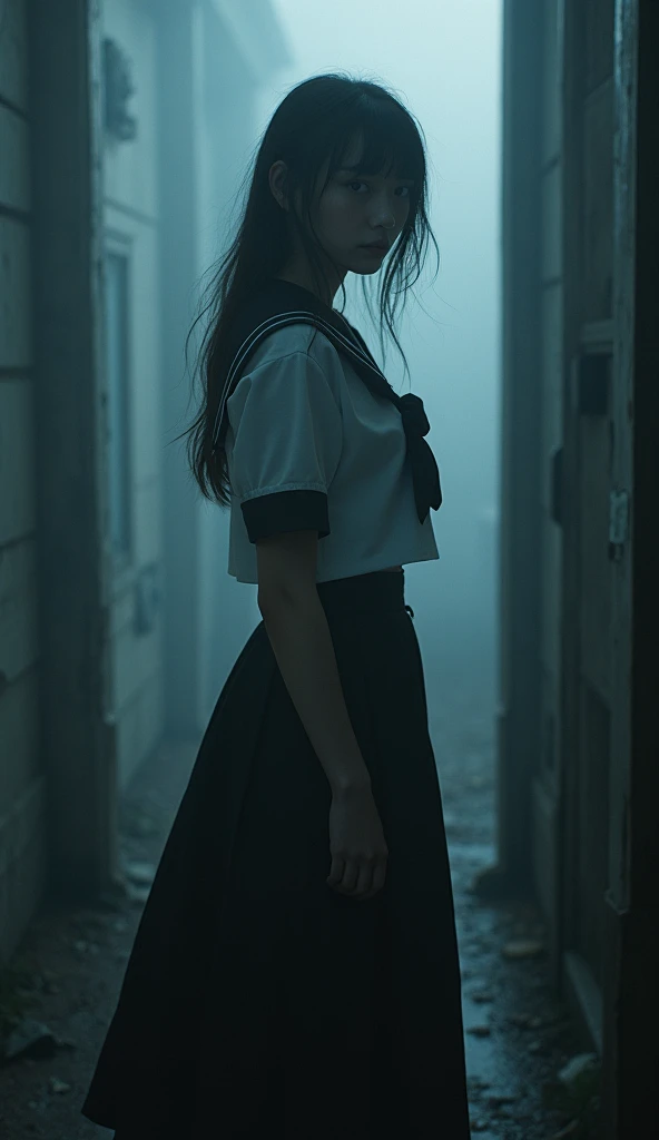 ,  sailor uniform and long pleated skirt、 staring at the viewer , Behind her、  dark fog creeping in  、