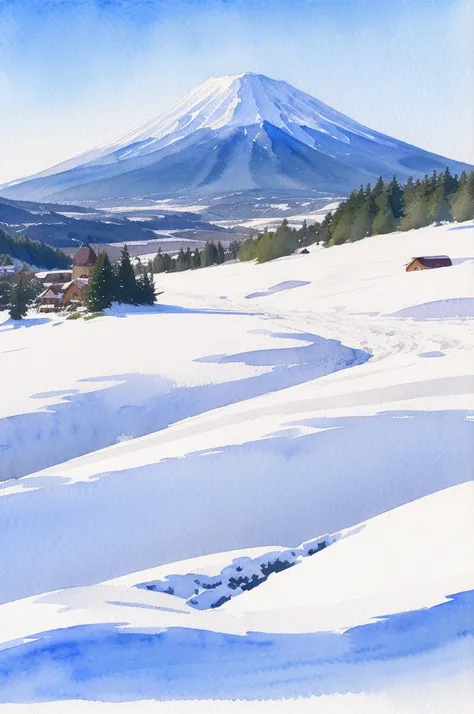 (    masterpiece:1.2,     top quality ),(   very detailed  ),(((watercolor))),8k,    wallpaper, winter,snow. Fuji,    blue sky,(((    Ghibli style    ))),透明watercolor