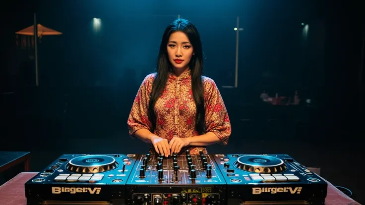 Woman wearing batik stands behind dj's contraption