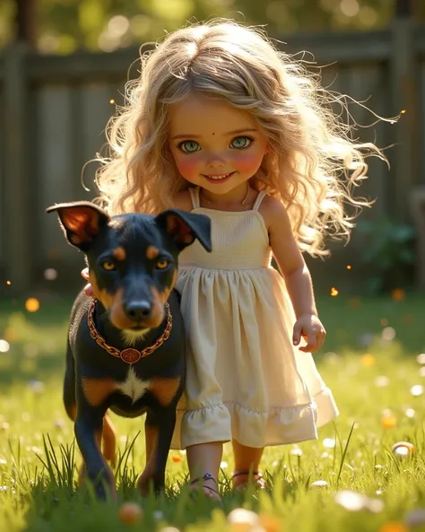  Girl and her dog playing in yard. She is small, long curly blonde hair, blue eyes, long lashes, hearth-shaped face, cute white dress and little shoes. Dog is American Staffordshire terrier, brown eyes, black fur, silly dog. High Resolution, Masterpiece, A...