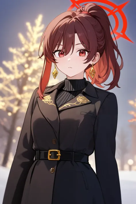 1 girl, Tied hair Ponytail, Brown hair and red hair on the edges of the hair, red eyes, but not bright, wear a sexy winter outfit, หน้าอกไซส์ปานกลาง, have a gold earring, have a red halo