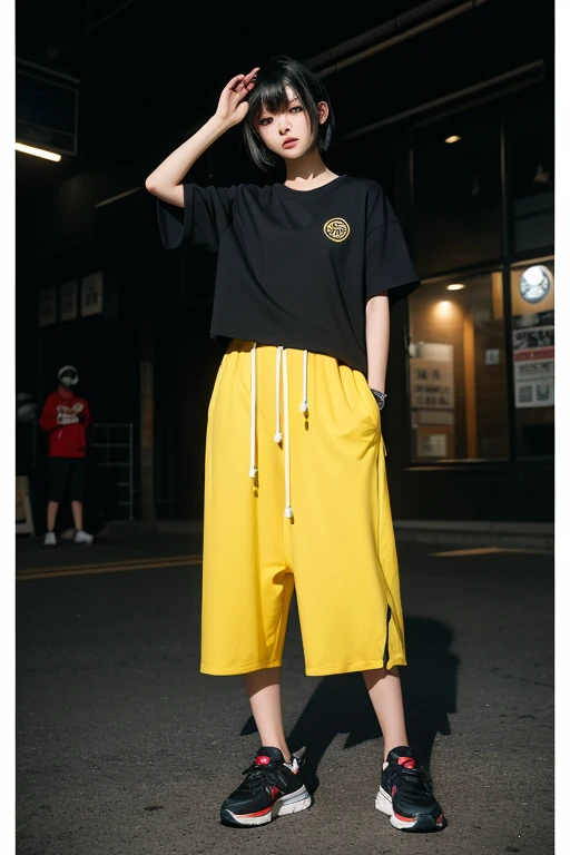   high res,   boyish,    girl,  black hair, Sporty shortcuts,   asymmetrical hairstyle  ,  Asymmetrical bangs,   yellow eyes,  There are three circles in the middle of the eye,  Skater Style Street Fashion, slightly oversized bottoms,  is standing,  futana...