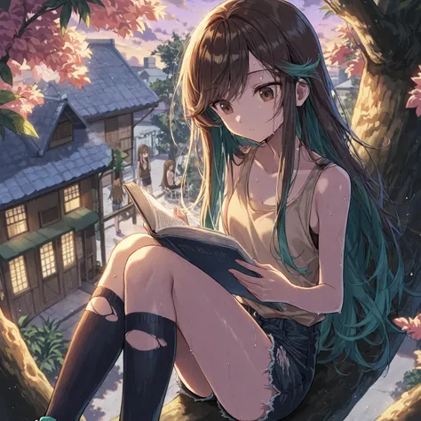  (Masterpiece, best quality), intricate details, JK, anime, from above, expressionless young woman sitting on tree branch and reading book, looking down at book, blossoming tree, thin, sweat, very long hair, ((swept bangs, long sidelocks)), brown hair, hai...