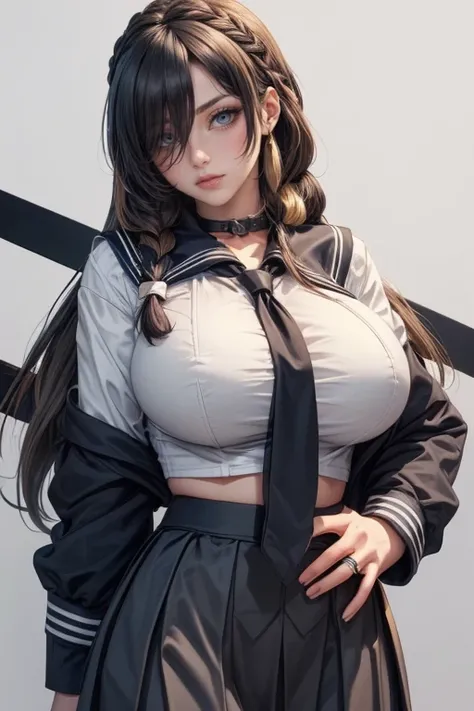 (cowboy shot: 1.5), (white background, simple background: 1.5), (masterpiece:1.5), (big breasts: 1.5), (1 girl: 1.5), young woman, (Beautiful Girl:1.5), (extremely detailed and delicate anime face and eyes:1.5), whole body, (natural light, HDR, extremely d...