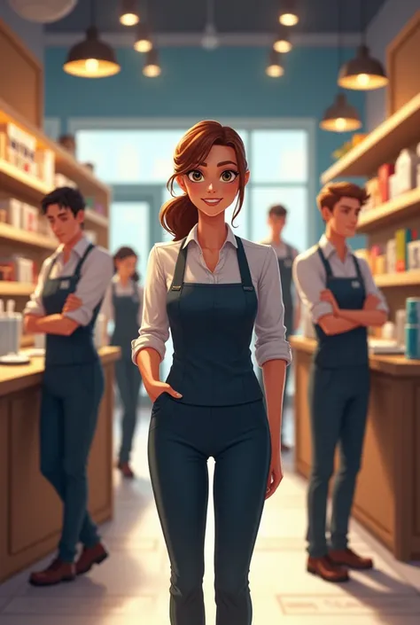 A busy retail store where the manager confidently leads the team. Employees work smoothly, showing respect and teamwork.