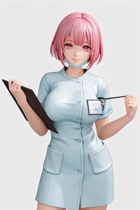 female, cute, sexy, white background, standing up straight, wearing a chocker, short hair, pink hair, pink eyes, doctor outfit, medium size breasts, front bangs, smile, 4k, high render, 3d model, front profile, close up, holding a clipboard, wearing a hosp...