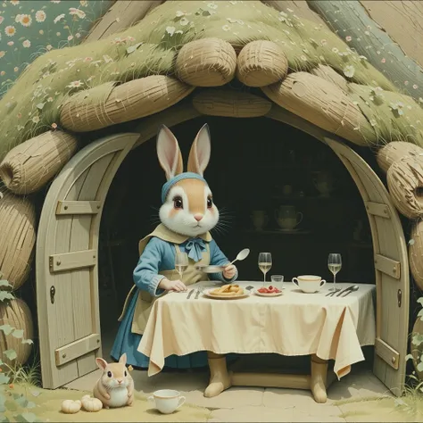 Artist Beatrice Potter's illustration of a ren's fairy tale, an anthropomorphic mother rabbit in a hole prepares dinner and sets the table, shows a frame of a rabbit hole, in full accordance with the style of the artist Beatrix Potter