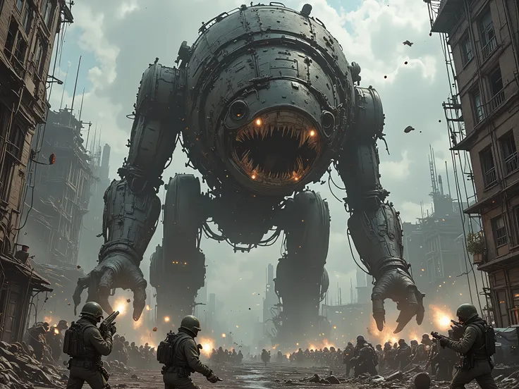 masterpiece,best quality,amazing quality,very aesthetic,(multiple-large-mechanical-battle-Tardigrade:1.3),battlefield,urban warfare,  (soldiers, rocket launcher),broken tunk, cinematic lightning