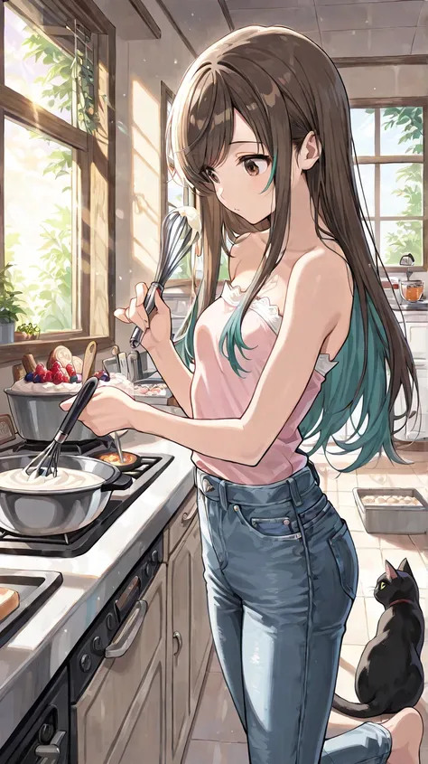  (Masterpiece, best quality), intricate details, JK,, close up, thinking expression, (brown eyes), long sidelocks, very long brown hair with teal highlights, baking cake, bowl of batter, cat litter box, holding whisk, oven, pan, kitchen, ((strapless loose ...