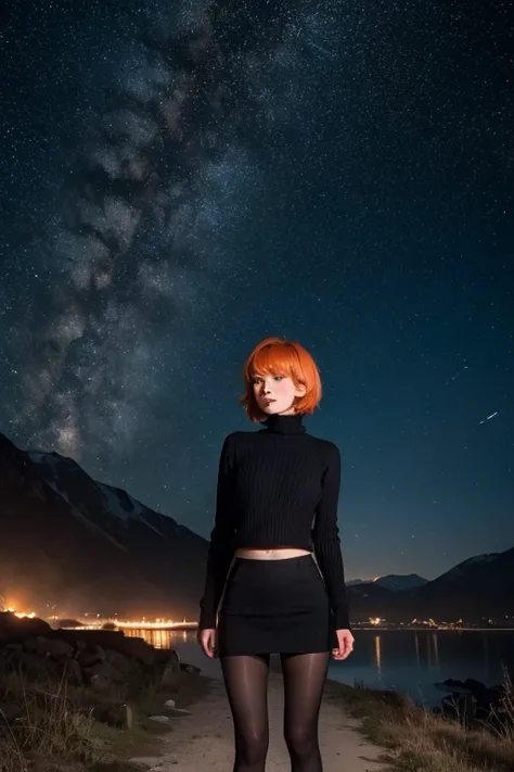 Astrid,  short hair,  orange hair,  slim body,  small bust,  black clothes,  pretty legs,  black tights ,  mountainous landscape,  Starry Sky Sweater, milky way,