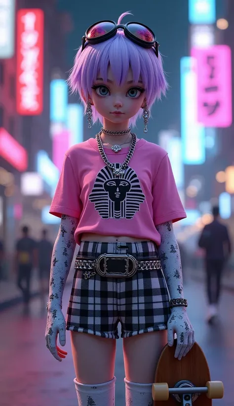 3D anime style, Gothic style,  boy, light purple hair, gray eyes, cold expression, silver cross earrings, goggles on his head, 2 long silver necklaces, pink short-sleeved t-shirt with Egyptian pattern, black and white plaid belt, long white fingerless glov...