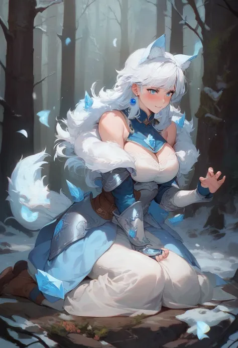 Masterpiece, best quality, high resolution,1girl, long puffy white hair, (white hair), (long hair),light blue light armor, white plating, blue earing, battle pose, fuzzy shoulder pads, shy smile, large battle axe, frost magic, blue eyes, full body, snowy f...