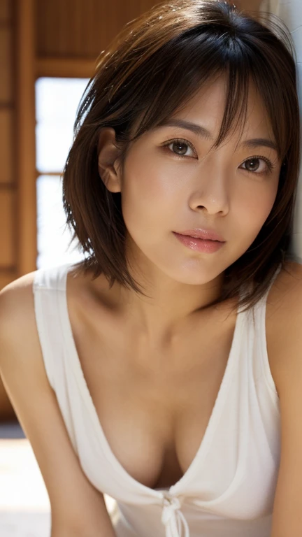  top quality,  face focus, Soft light,  Ultra High Resolution, ( by Nomi:1.4),  RAW Photo,  1 Japanese woman, Age 35、 alone, Not beautiful but sexy face、( have smiling faces:0.5), ( brown eyes, Light into your eyes ),  every detail of his beautiful face ,(...