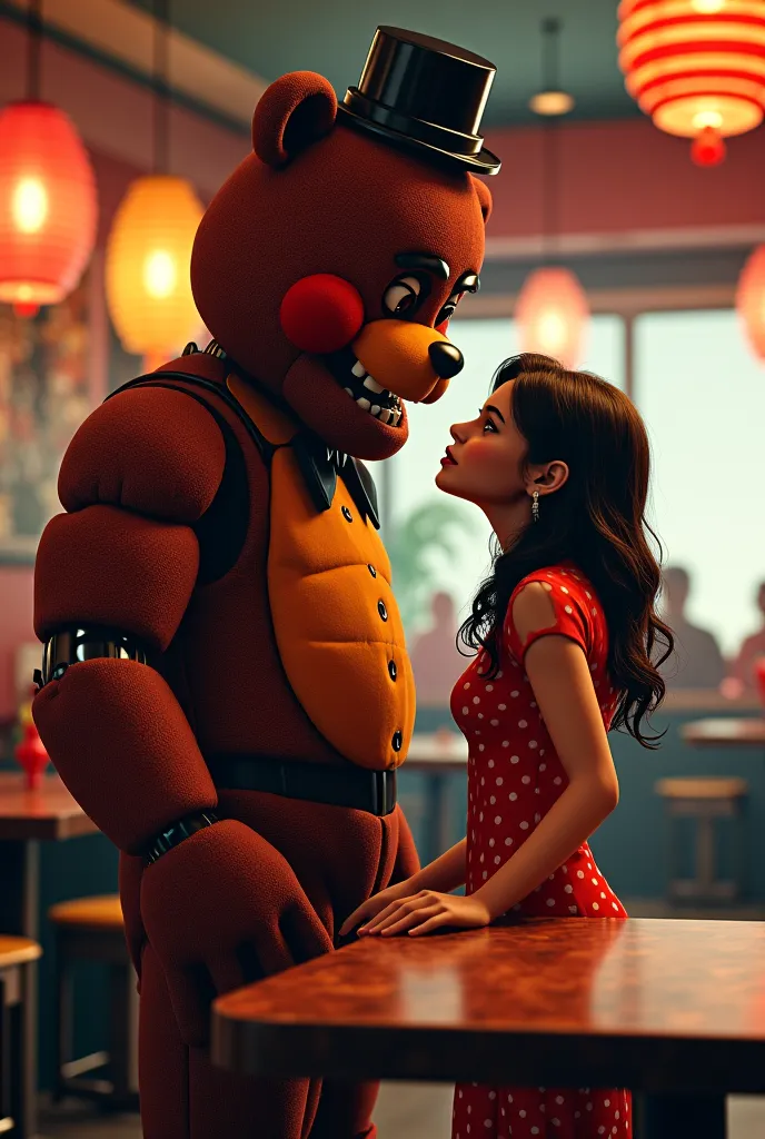 Freddy from FNAF and a beautiful girl in a pizzeria.