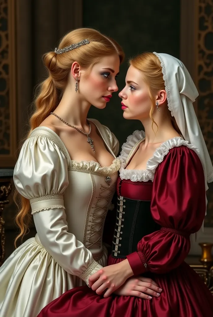 Draw a medieval woman 45 years old,cruel villain, blonde fawn hair, green eyes, pink narrow lips, perky nose freckles, wearing a white satin dress with a large neckline and a white silk richly embroidered corset, sits in a castle bedroom and tenderly hugs ...