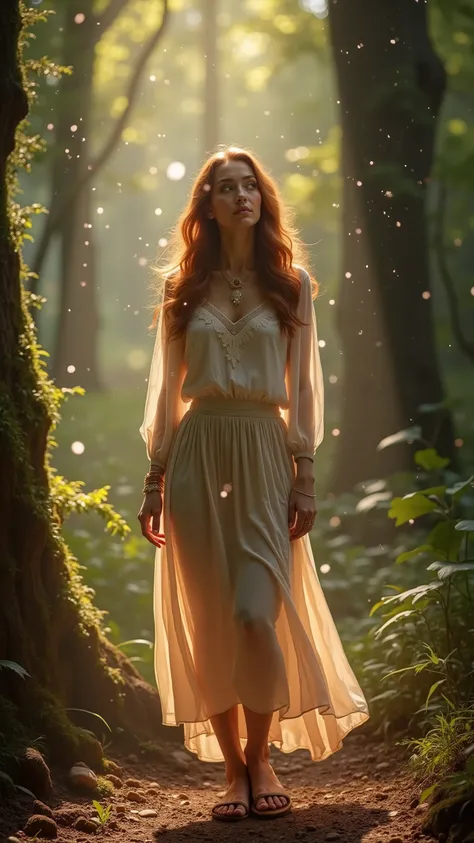 A hyperrealistic, high-resolution photograph of a woman standing amidst a mystical forest on a dappled afternoon. Her auburn hair cascades in soft waves, and her eyes sparkle with wonder as she tilts her head gracefully. A gentle dispersion effect surround...