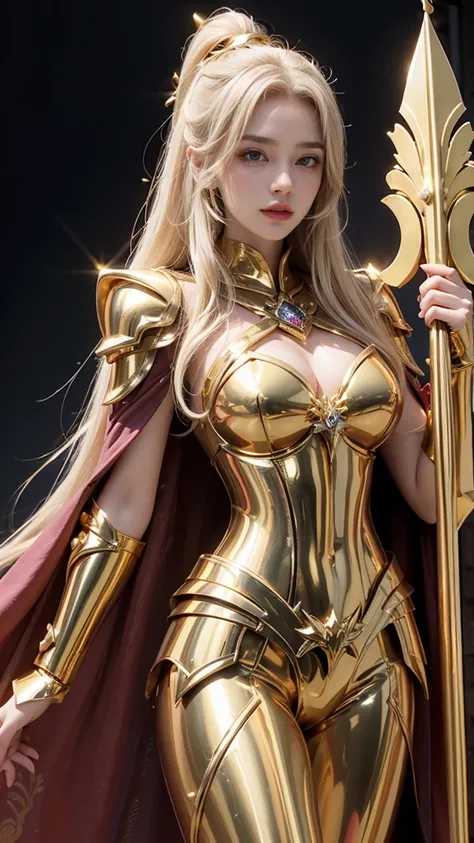  charming russian model 、Nata Lee,  light blond hair, Close up of a woman in golden clothes wearing a gold cape, 美しい模様の gold armor,  MOVIE GODDDESS SHOT ,  God of Humanity Emperor , 黄 gold armor,  Saint Seiya,  Gold Paladin ,  Light Gold Armor, goddess,  g...