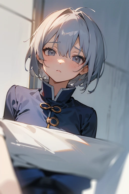      short hair、    gray hair、, , ((   look up from the frontアニメの美しい目 )).   中華  dress、  dress、 ((        gray eyes:1.25)).Headbang 2.、               navy blue uniform          、         look up from the front       、(Cute upward glance).