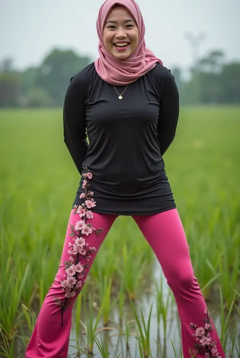 pink flared yoga pants, Makcik (Muscle bodybuilder), SQUATTING HIGHHEELS SLIP OFF,  "Facial expression in Happy Orgasm", Wearing flora print hijab, Skinny hijab skinny hijab skinny hijab skinny hijab, (photorealistic:1.6) Indonesian hijab skinny dry aunty ...