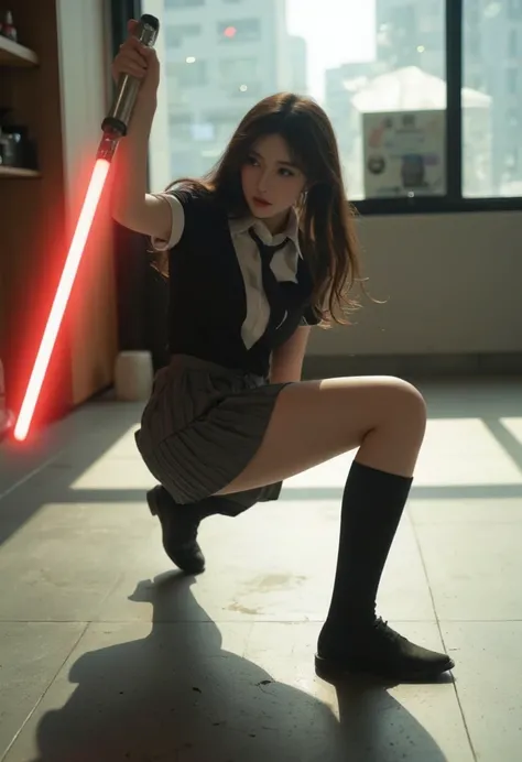 photorealistic pretty young japanese woman, she's wearing a school uniform with pleated mini skirt, Lightsaber, perspective, acrobat jumping, dynamic pose, explosions behind, glass shards, dynamic angle, impact shot, glass shards, office, bokeh, photoreali...