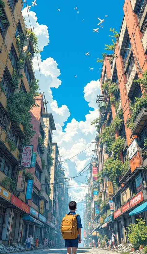 View from the ground vertically into the sky. Two rows of old dilapidated buildings go straight up into the sky, like a well. In the lower right corner there is a man with a backpack and looking vertically upwards with his head raised. up.At the very top, ...