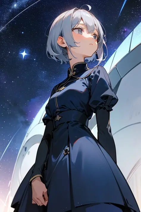      short hair、    gray hair、, , ((   look up from the frontアニメの美しい目 )).   中華  dress、  dress、 ((        gray eyes:1.25)).Headbang 2.、               navy blue uniform          、         look up from the front       、(Cute upward glance).((night、 starry sky...