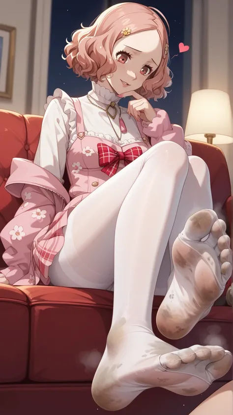  Persona 5、Haru Okumura、Bad smell、 White tights with floral pattern 、  thick tights  、 foot、  Evil Smiles 、   sitting on the couch 、Dirty socks、dirty toes 、dirty heels  、dirty toes、 foot focus, A heart that can talk , {{{ vulgarity }}}, Looking down at vie...