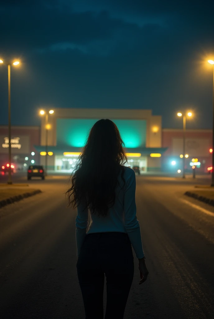 a woman standing with her back in front of a large shopping mall all alone on a road where the road is dirt where there is nothing around at night only the mall with light poles shining dimly with yellow light, in a mysterious and suspenseful atmosphere