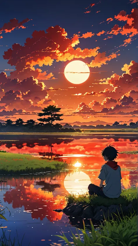 Anime scene of a boy sitting by a small grassy lake, Sunset with orange and red hellish clouds, anime nature wallpapers, Beautiful anime scene, Beautiful anime peace scenes, Makoto Shinkai Cyril Rolland, Beautiful anime scene, Awesome Wallpapers, Anime Art...