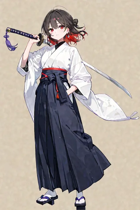  1 girl、Earrings、Simple background 、whole body、 holding a sword、Hakama、geta