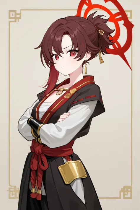 1 girl, Tied hair Ponytail, Brown hair and red hair on the edges of the hair, red eyes, but not bright, wear a sexy samurai outfit, หน้าอกไซส์ปานกลาง, have a gold earring, have a red halo