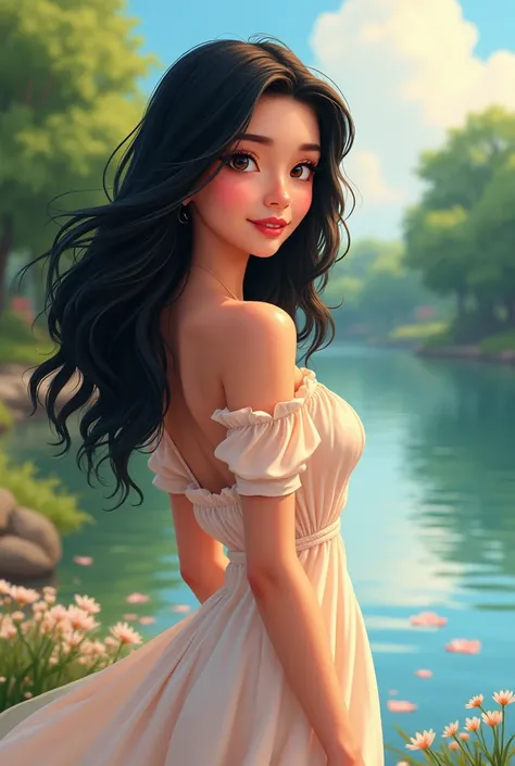 Cartoon character beautiful view ilog pasig Beautiful Lady with a black wavy hair, white skin looks like a pearl