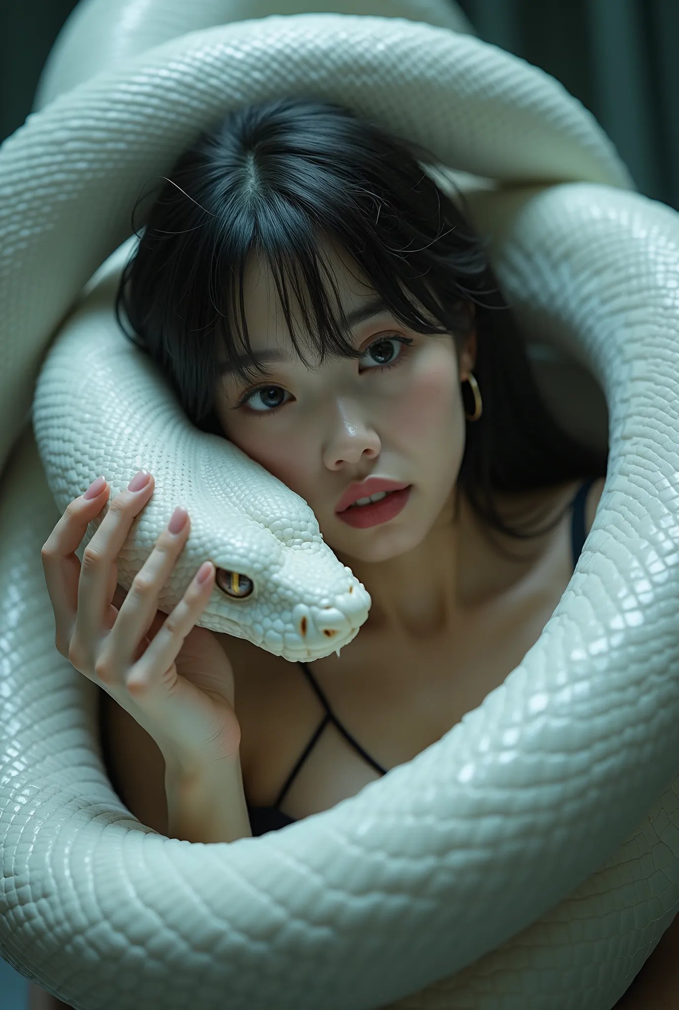 masterpiece, 8k, photorealistic, monster erotica, beautiful Japanese girls with white giant snake squeezing them hard, wrapped in thick spiraling coils, they are wearing modern feminine outfits, constricted, the snake protects them in a large prison cell, ...