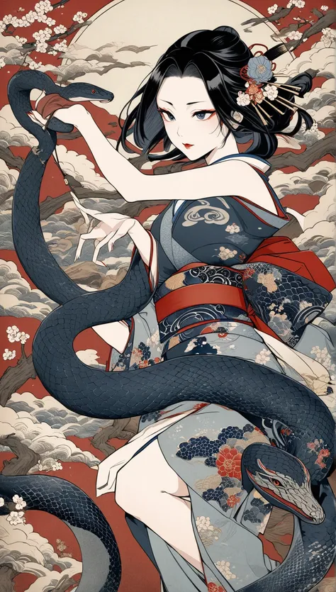 ukiyo-e,   ultra complex high detail  ,   beautiful traditional Japanese culture, Play with the snake  