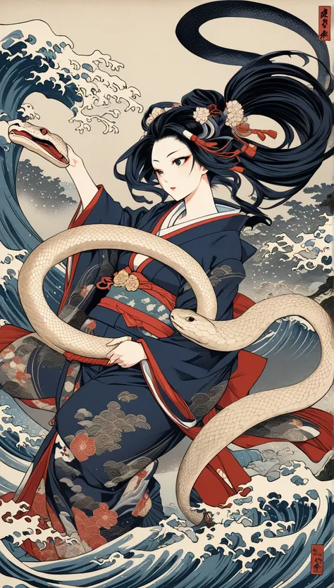 ukiyo-e,   ultra complex high detail  ,   beautiful traditional Japanese culture, Play with the snake  