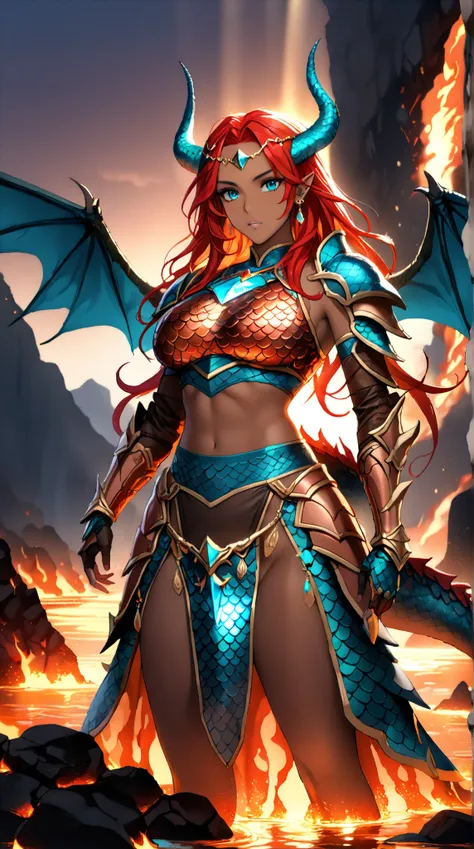 A fierce dragon warrior princess with (long, flowing red hair glowing under warm sunlight:1.3). Her (curvy and athletic physique:1.4) is accented by (dark brown skin adorned with shimmering copper and teal scales:1.3). She wears (copper and teal dragon-sca...